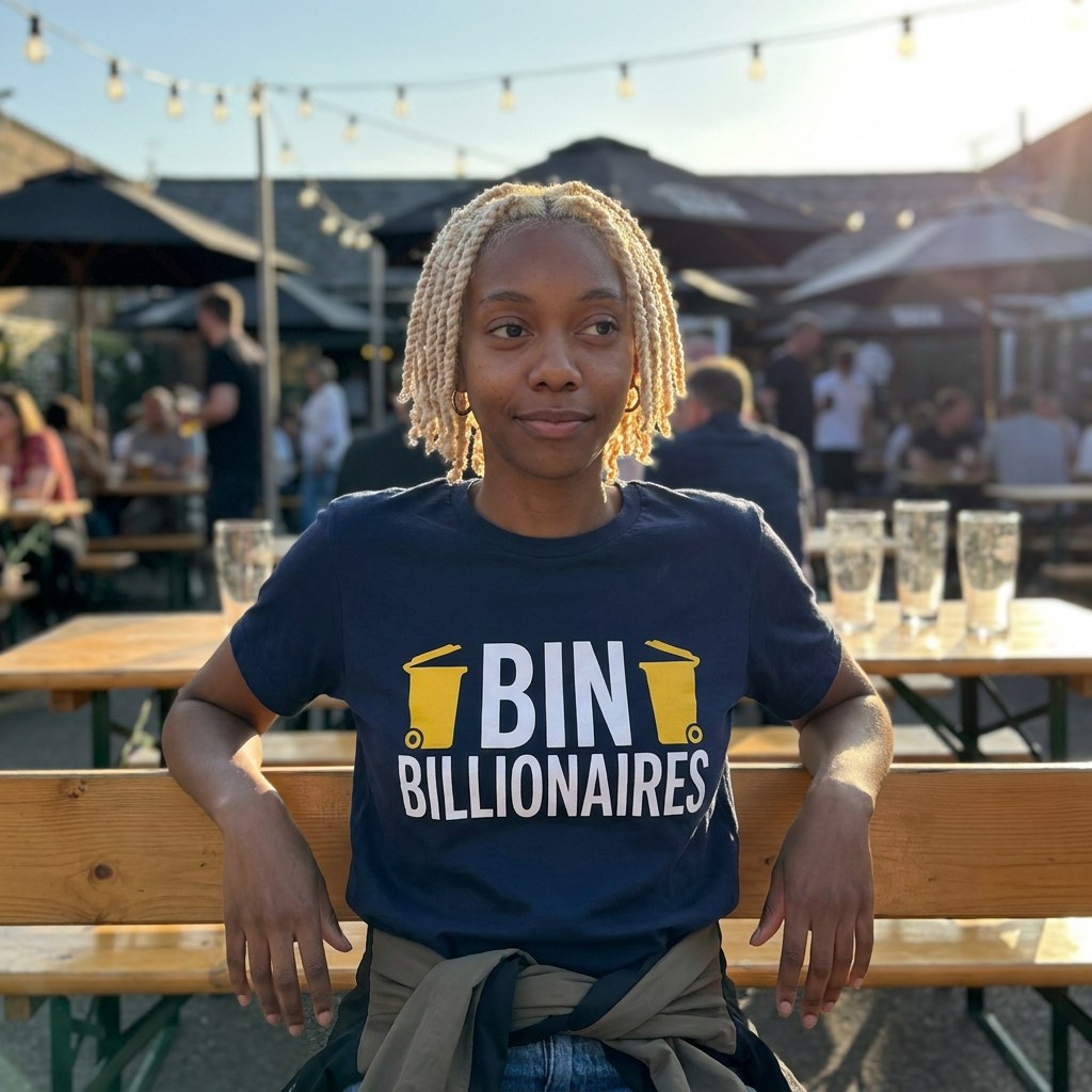Woman in a navy Bin Billionaires t-shirt in a beer garden