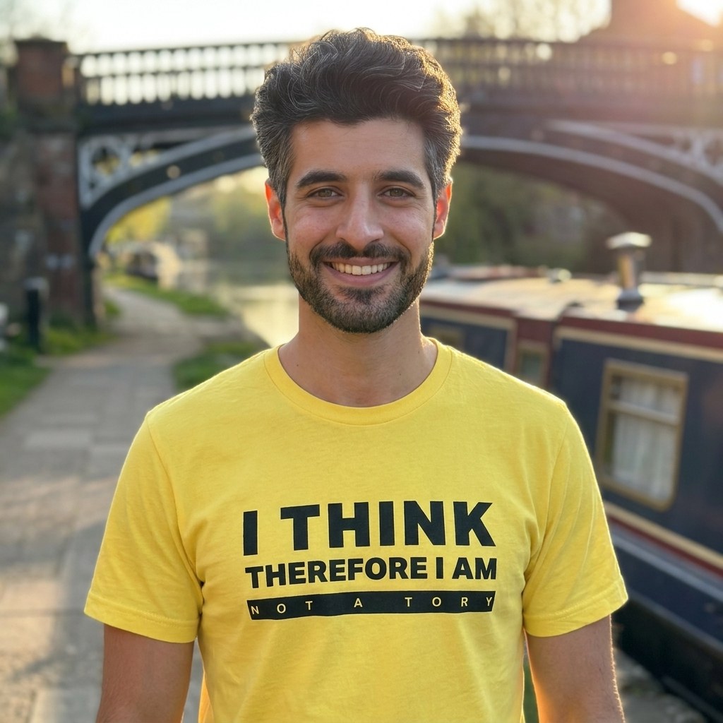 Man in a yellow I am not a Tory t-shirt on a canal towpath