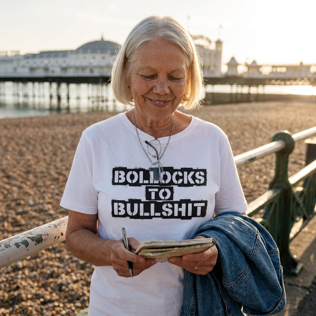 Woman in a white Bollocks to Bullshit t-shirt on Brighton seafront