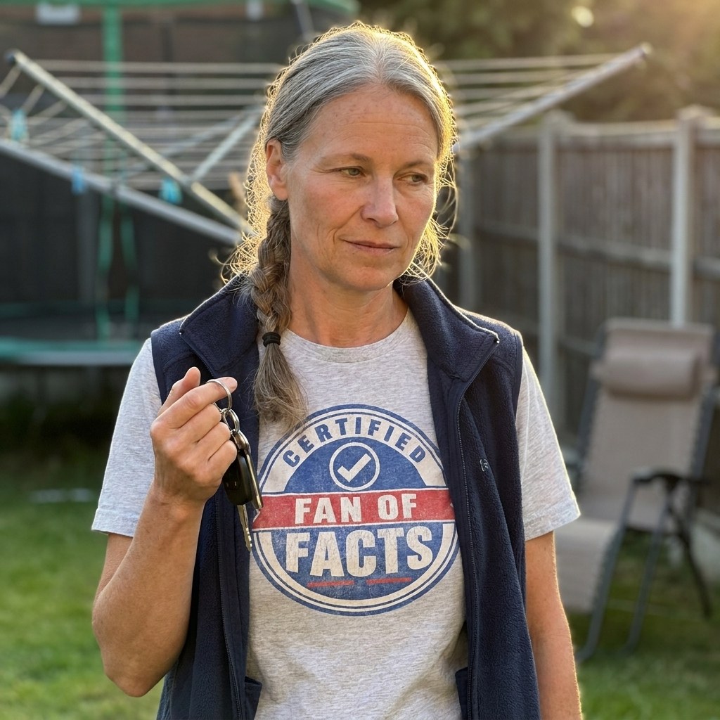 Woman in an athletic heather Certified Fan of Facts t-shirt in a back garden