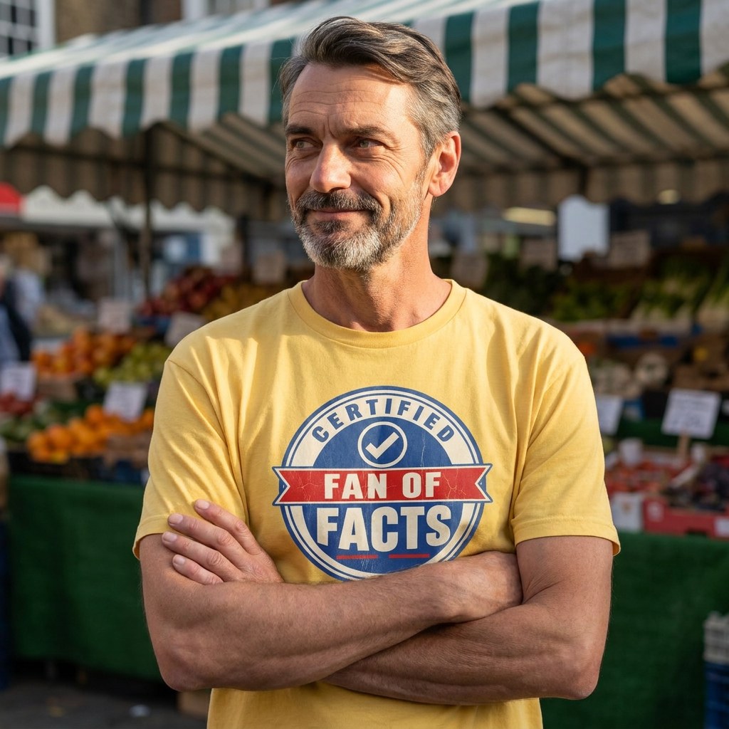 Man in a yellow Certified Fan of Facts t-shirt in a market square