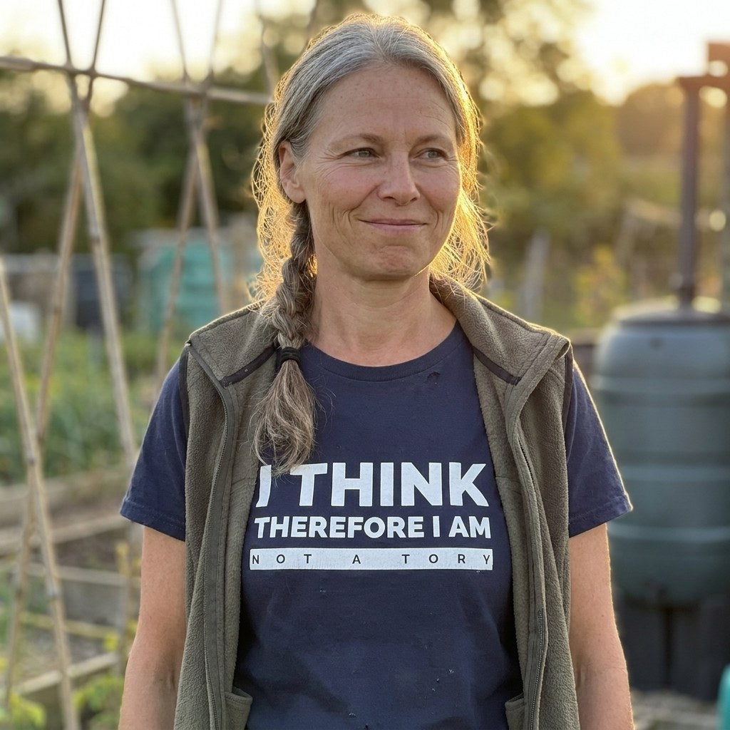 Woman in a navy I am not a Tory t-shirt on an allotment