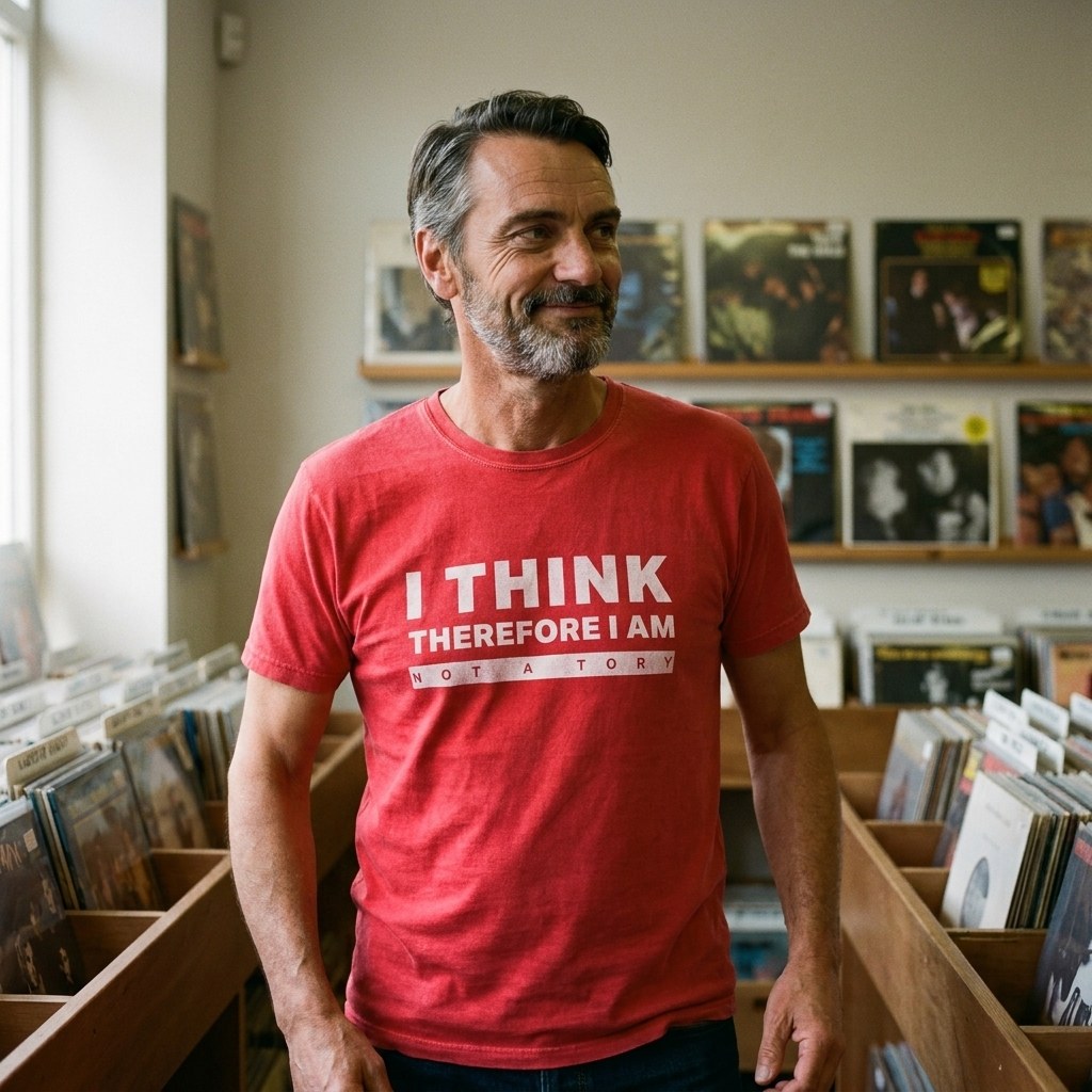 Man in a red I am not a Tory t-shirt in a record shop