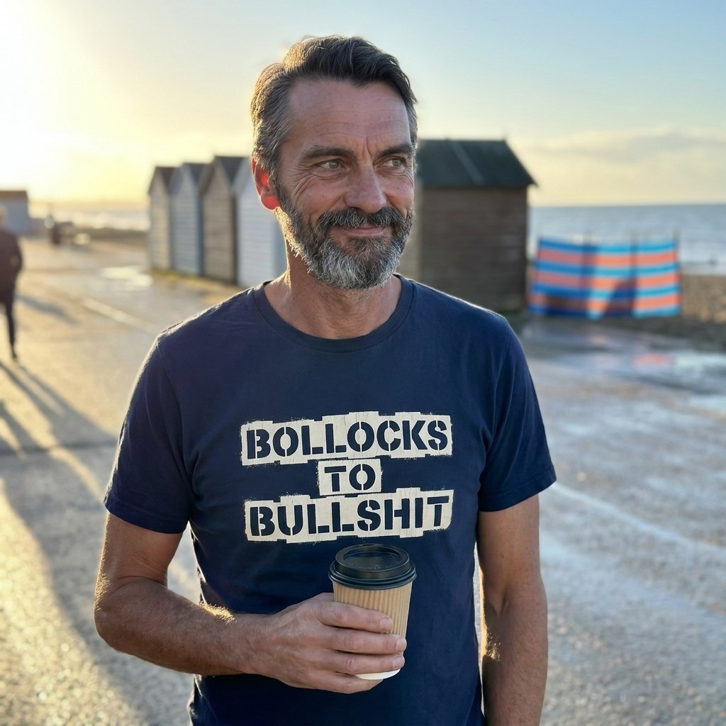 Man in a navy Bollocks to Bullshit t-shirt on a seaside promenade