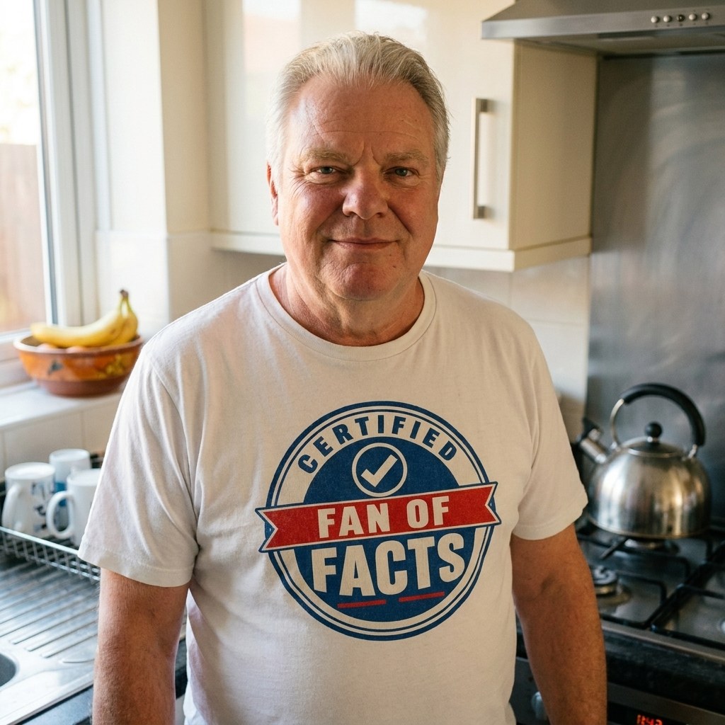 Man in a white Certified Fan of Facts t-shirt in a kitchen