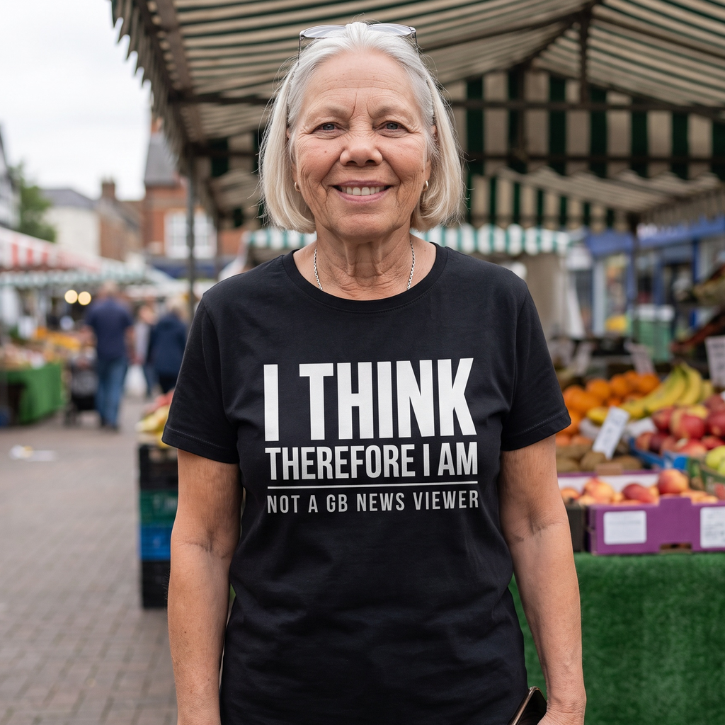 Older woman at a market stall wearing the black I Think Therefore I Am Not a GB News Viewer t-shirt, Very Brexit Problems