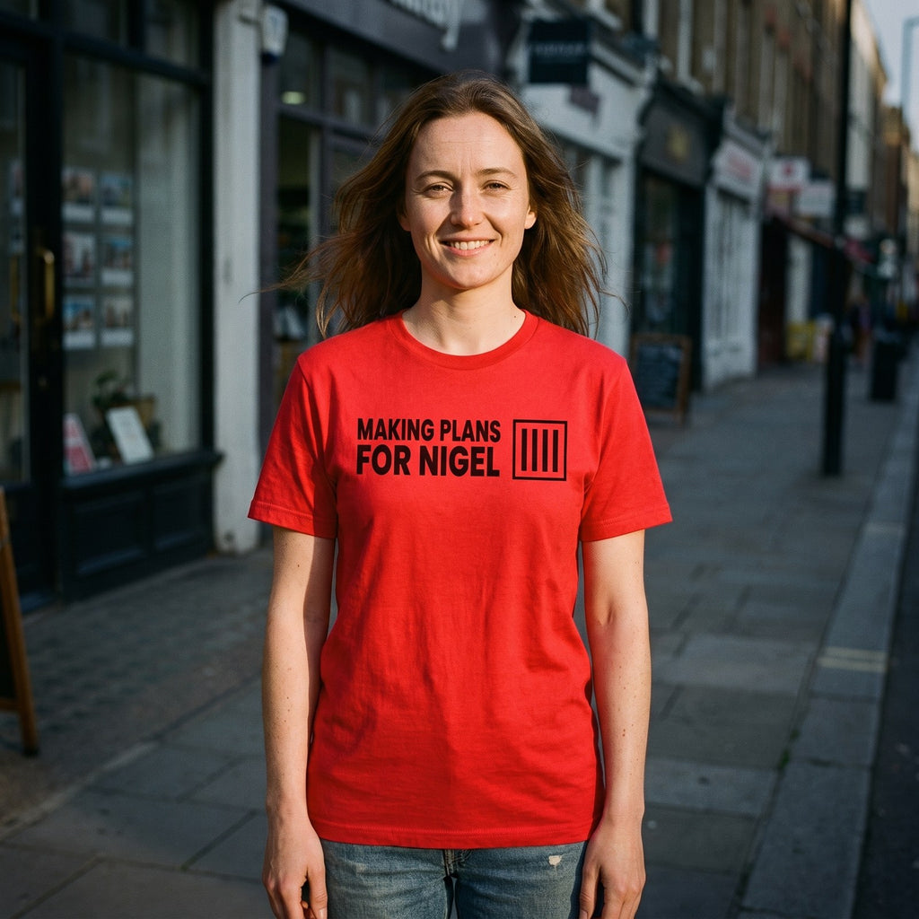 Woman in a red Making Plans for Nigel t-shirt on a British high street