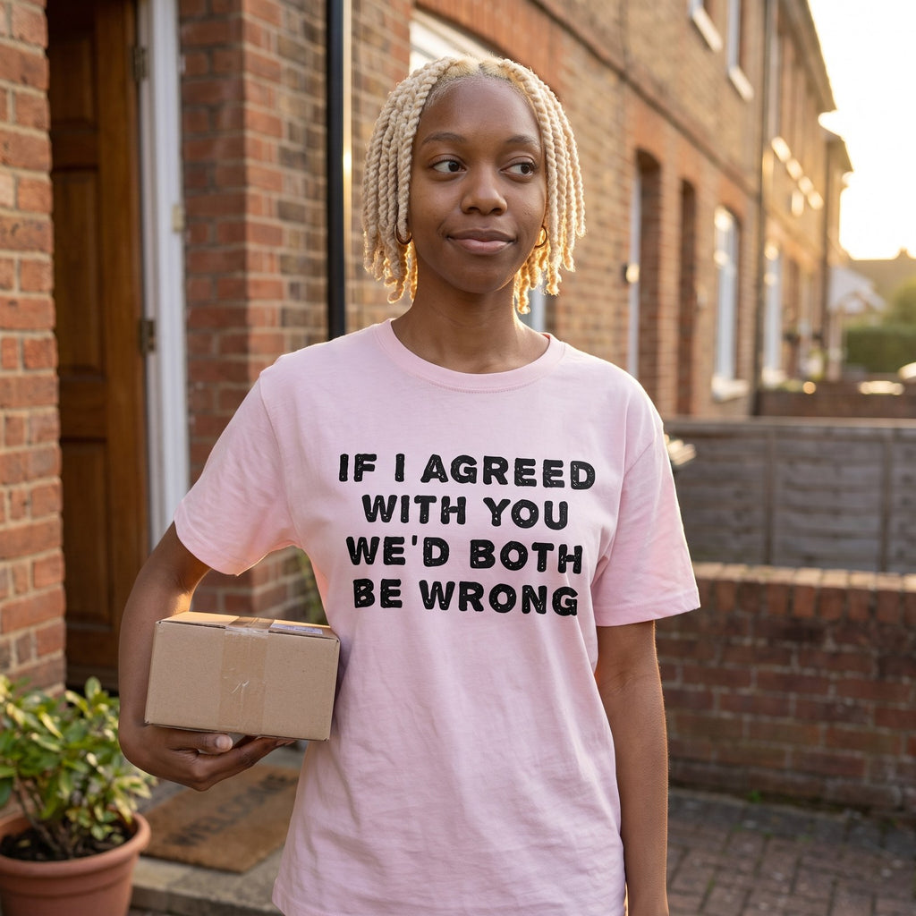 Woman in a pink If I Agreed With You We'd Both Be Wrong t-shirt on a front doorstep
