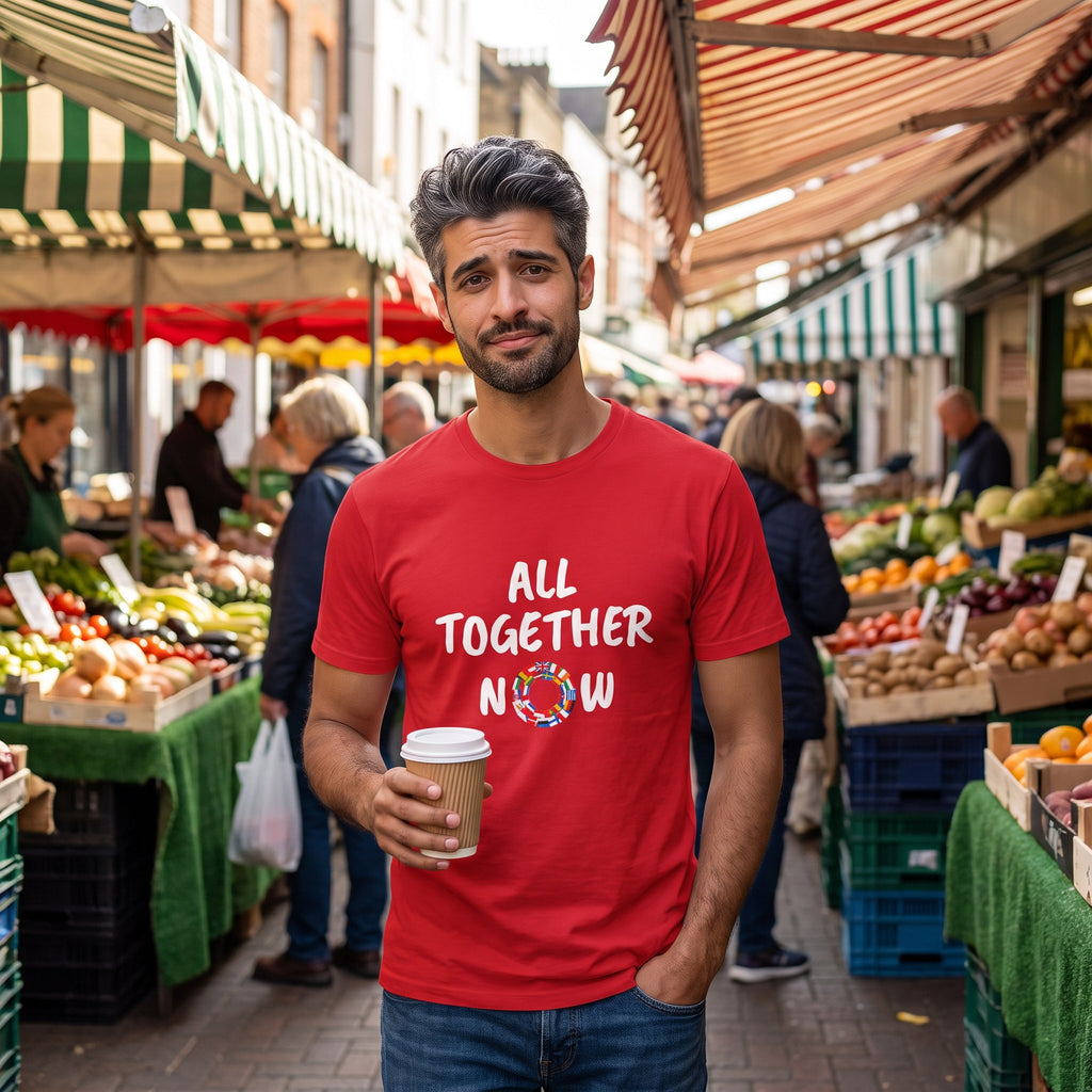 Man at a street market wearing the red All Together Now pro-European t-shirt