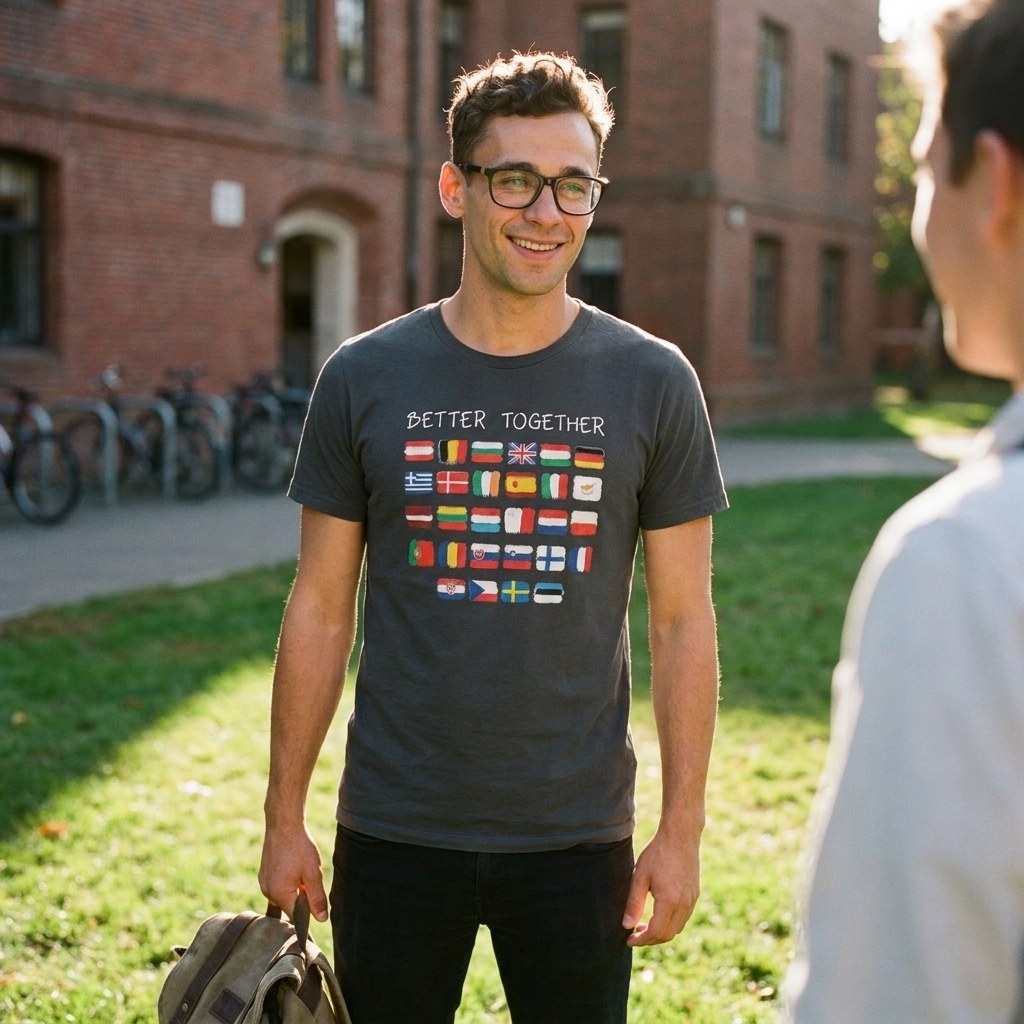 Man in an asphalt grey Better Together t-shirt on a university campus