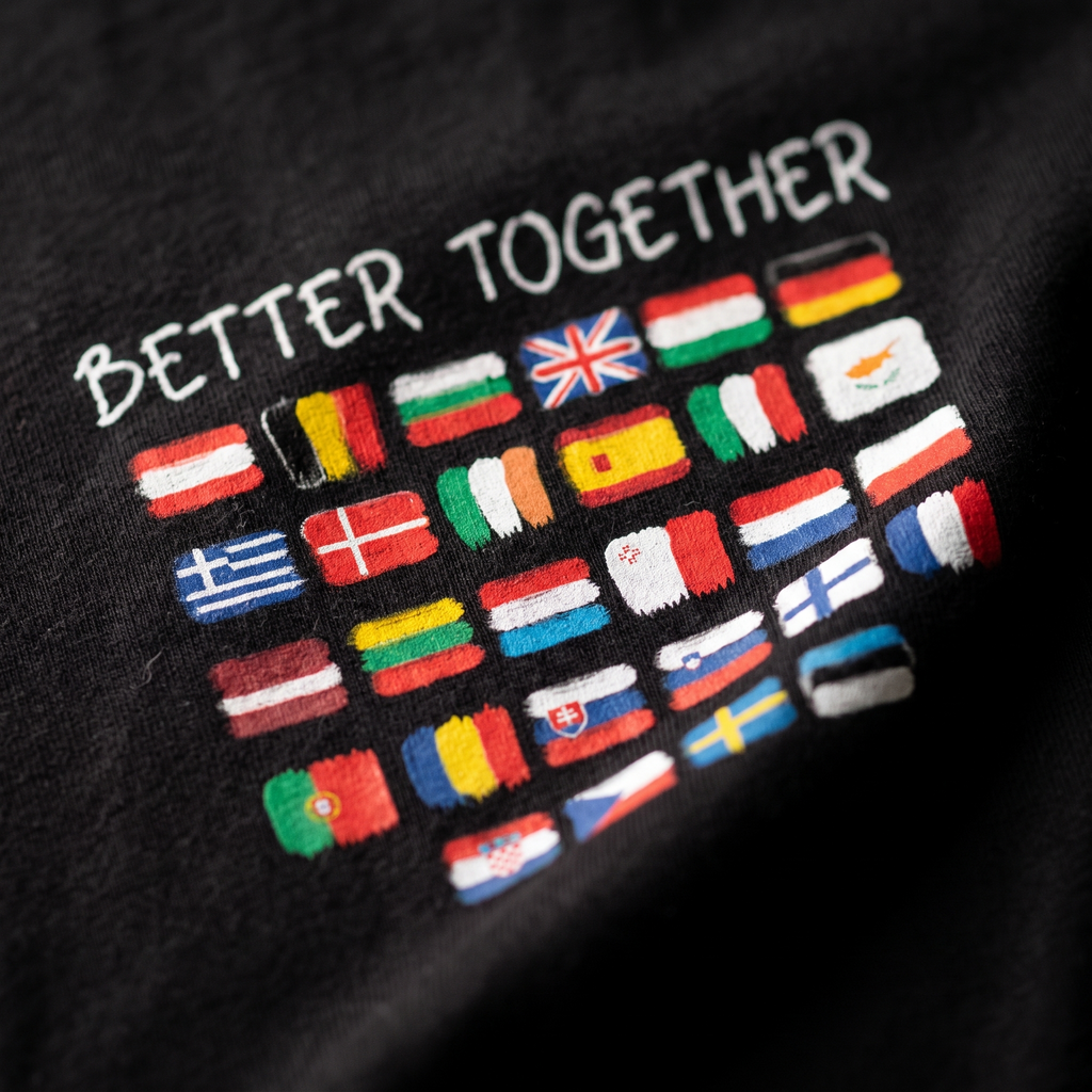 Macro close-up of the Better Together European flags print on the black t-shirt, showing cotton texture and ink detail, Very Brexit Problems