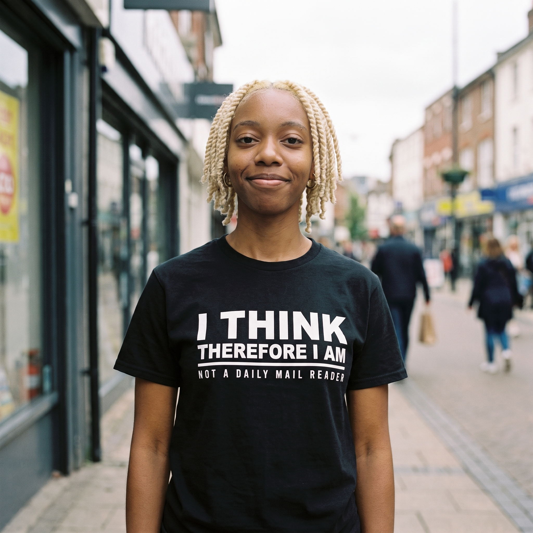 Woman in a black I Think Therefore I Am Not a Daily Mail Reader t-shirt on a high street, Very Brexit Problems