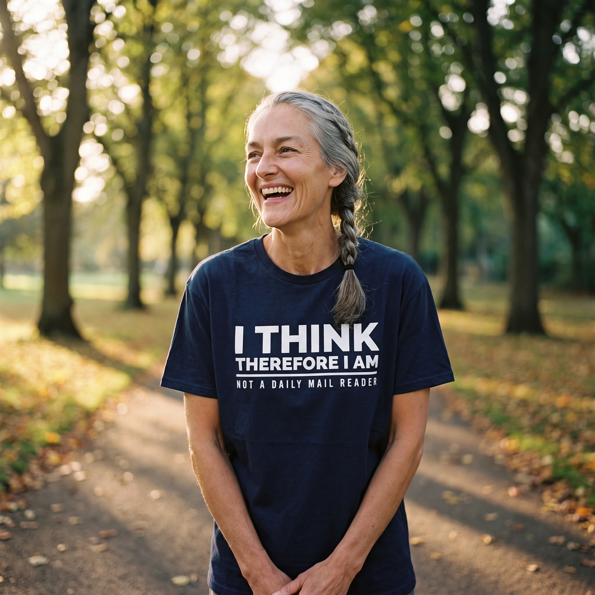 Woman in a navy I Think Therefore I Am Not a Daily Mail Reader t-shirt on a tree-lined park path, Very Brexit Problems