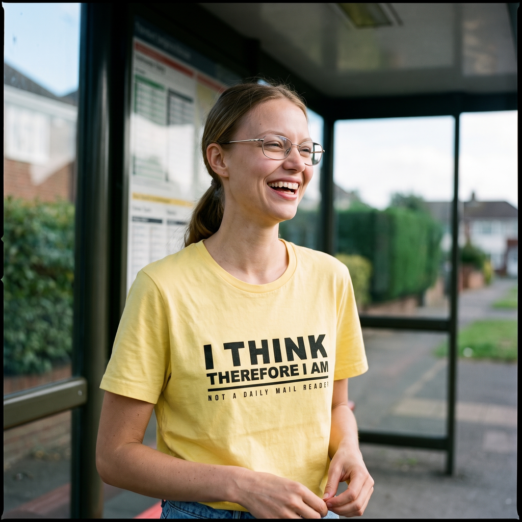 Woman in a yellow I Think Therefore I Am Not a Daily Mail Reader t-shirt at a bus stop, Very Brexit Problems