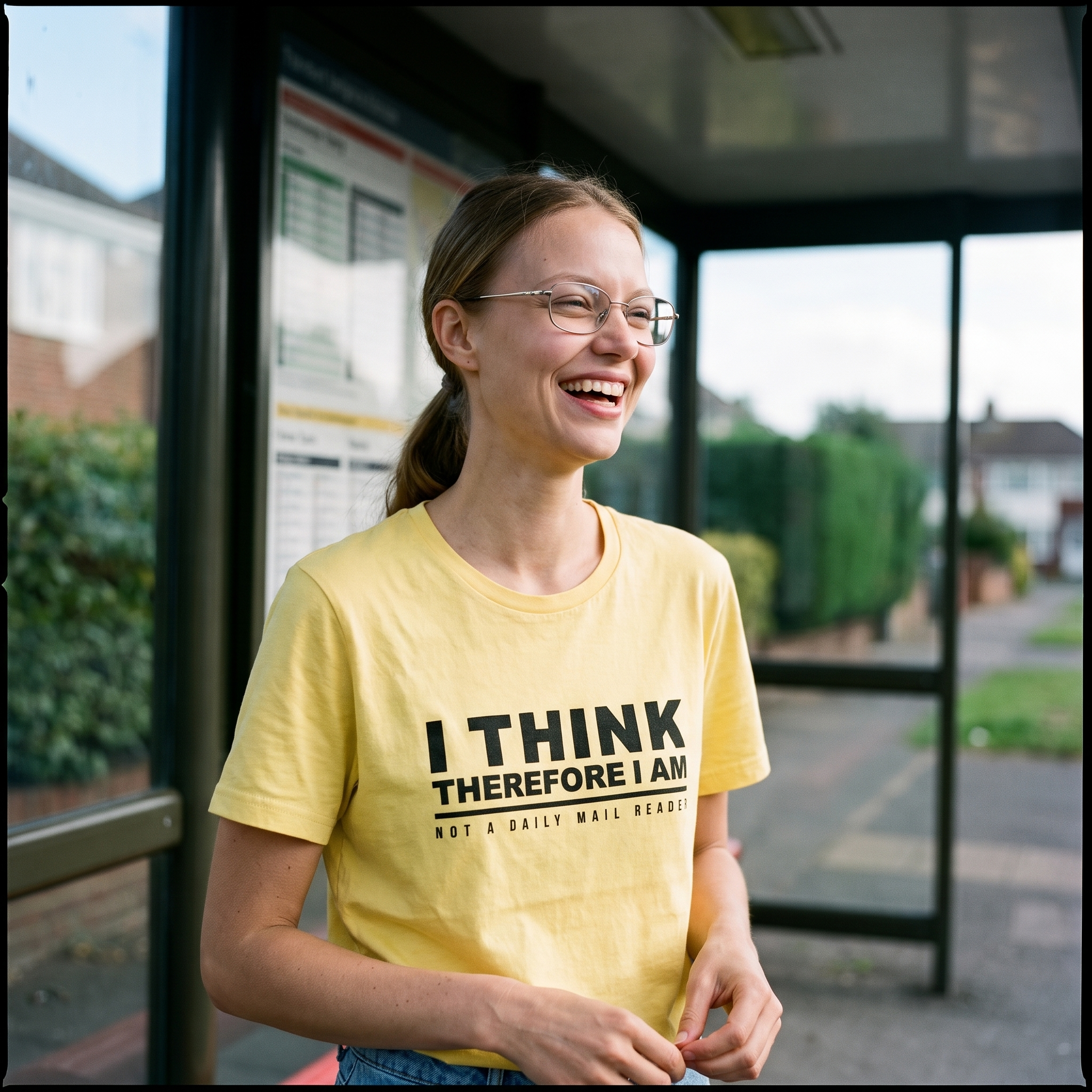 Woman in a yellow I Think Therefore I Am Not a Daily Mail Reader t-shirt at a bus stop, Very Brexit Problems