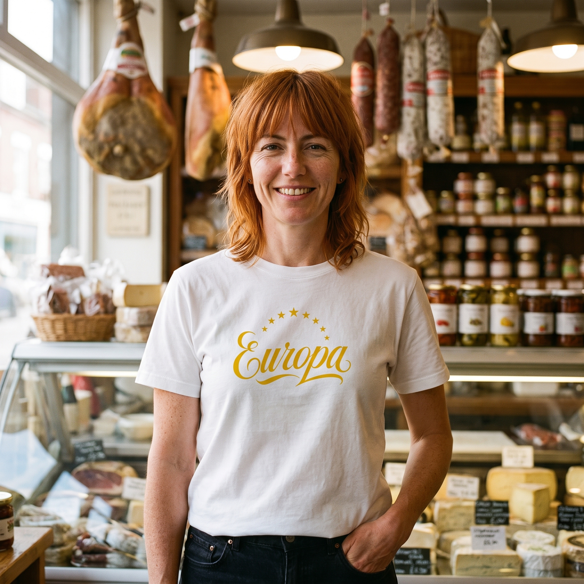 Woman in a white Europa t-shirt at a continental deli counter, Very Brexit Problems