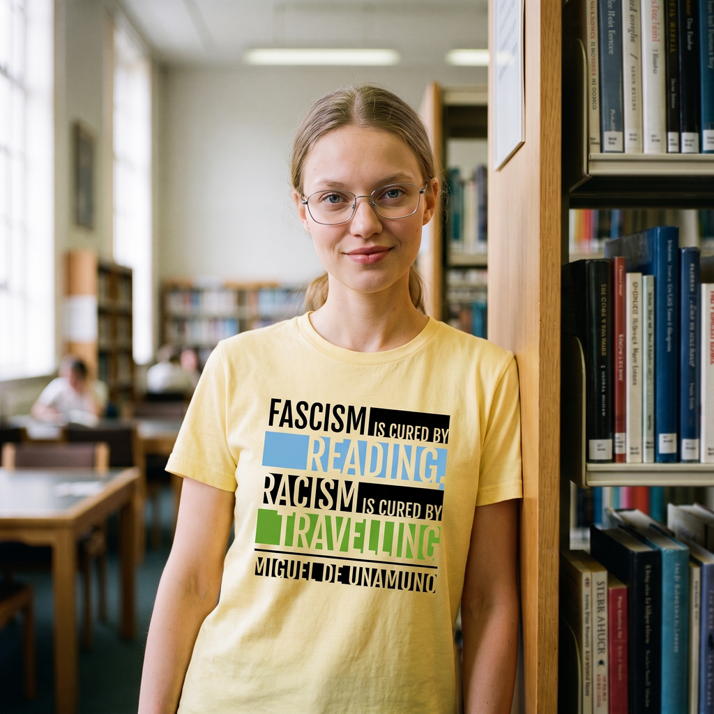 Woman in a yellow Fascism is Cured by Reading t-shirt in a public library, Very Brexit Problems