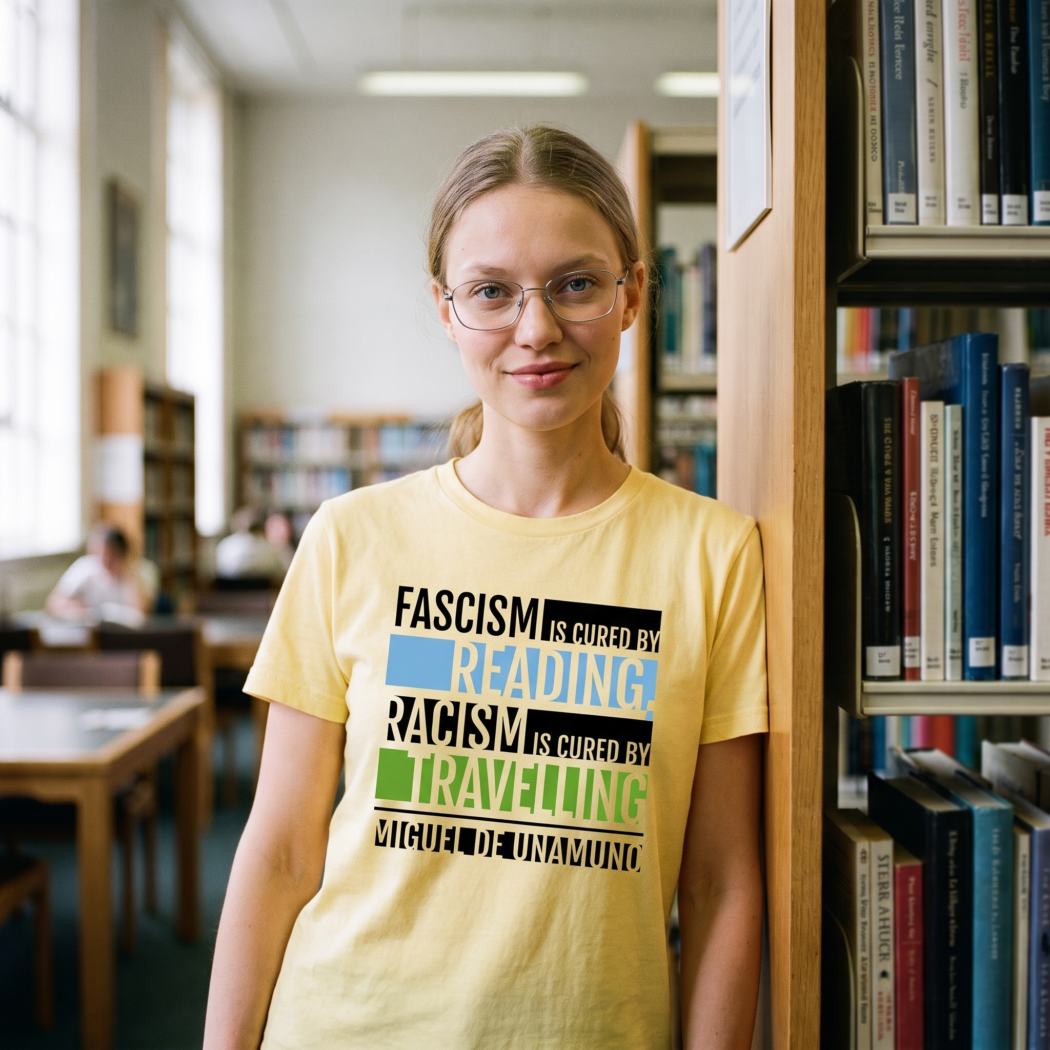 Woman in a yellow Fascism is Cured by Reading t-shirt in a public library, Very Brexit Problems