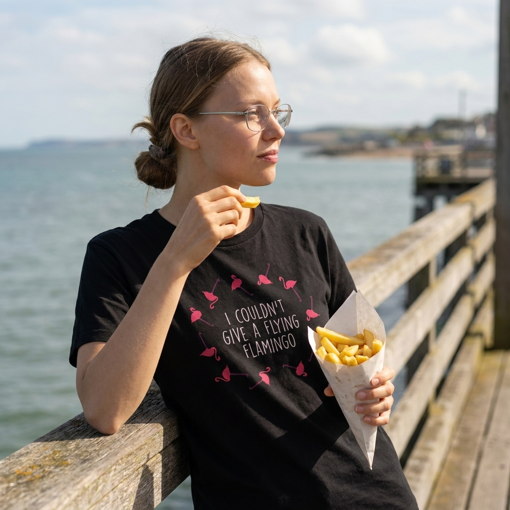 Woman in a black Flying Flamingo t-shirt eating chips on a seaside pier