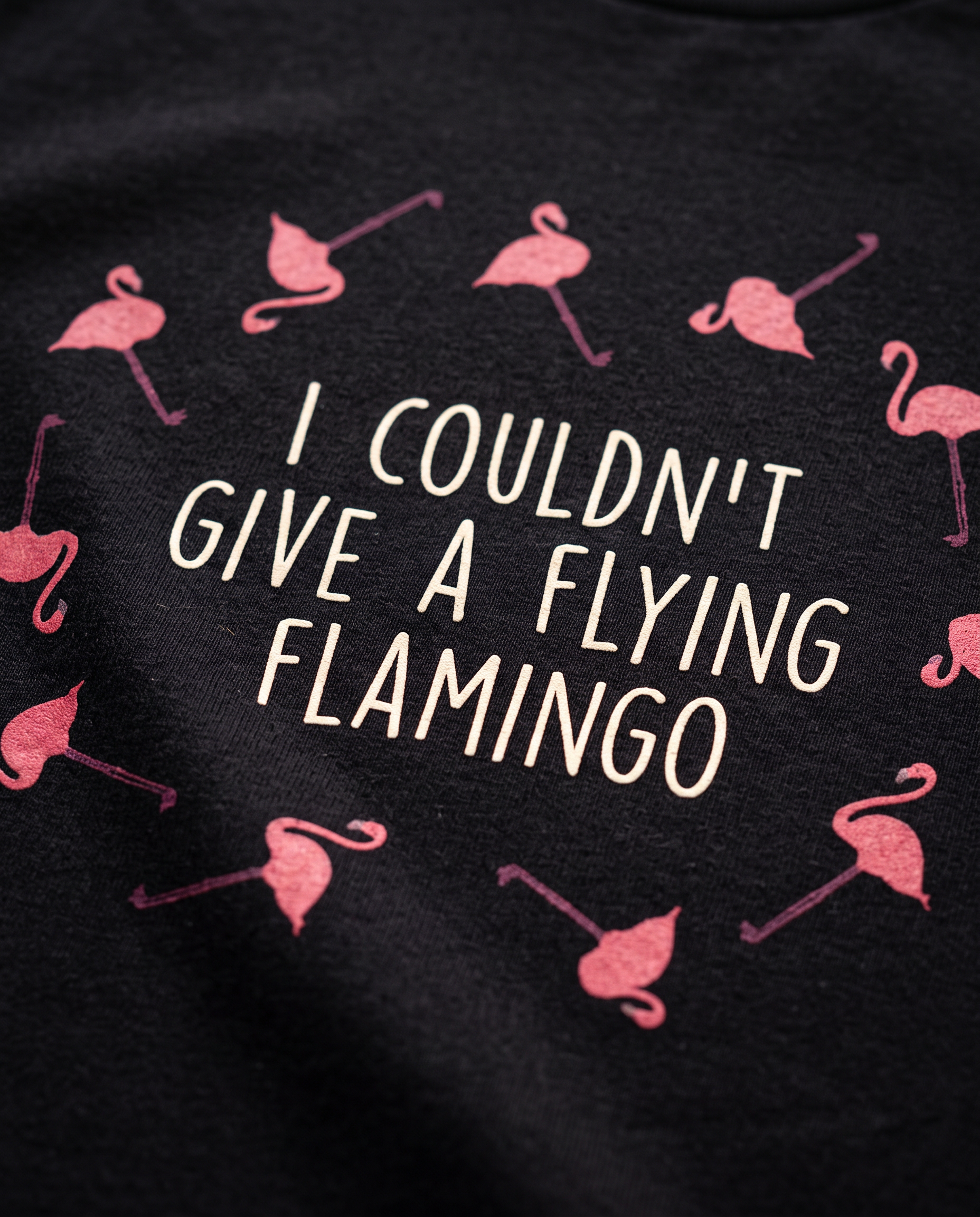 Macro close-up of the Flying Flamingo print on the black t-shirt, showing cotton texture and screen-printed ink detail, Very Brexit Problems