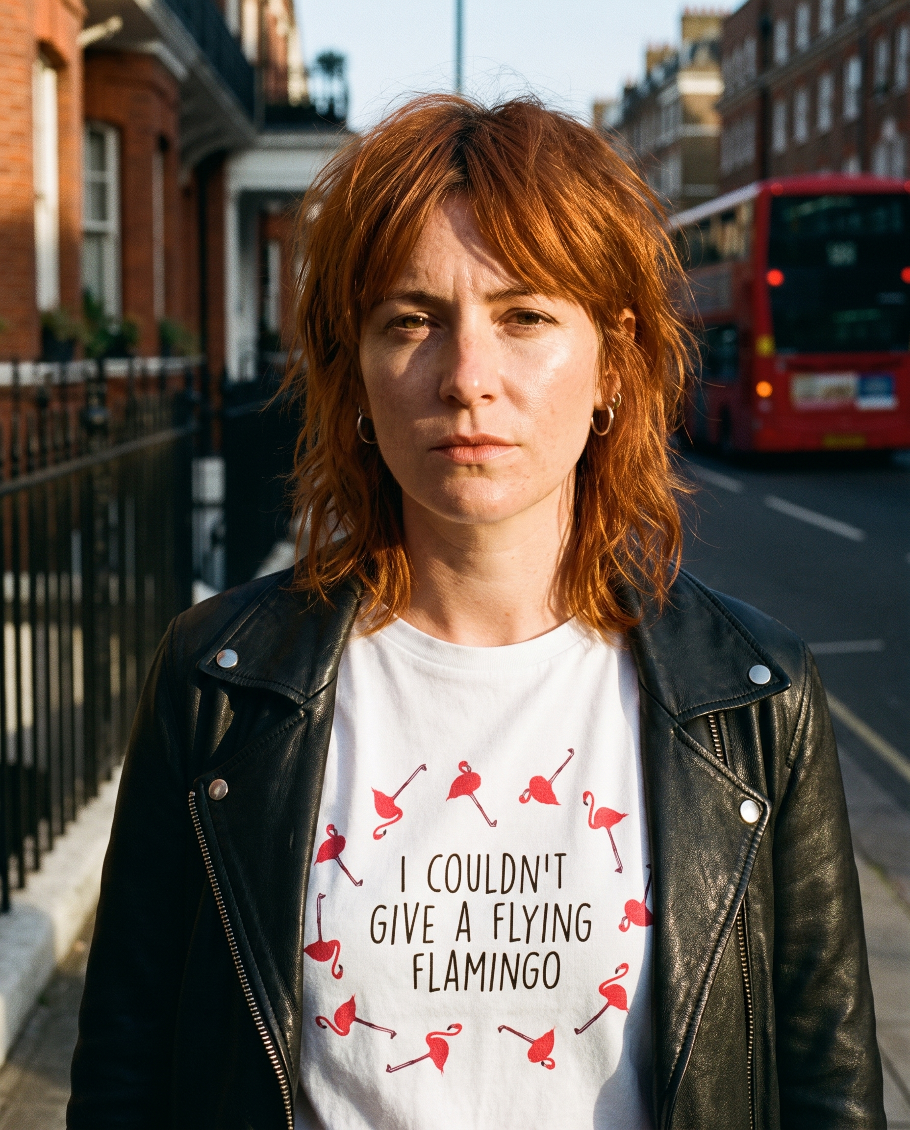 Woman in a black leather jacket on a London street wearing the white I Couldn't Give a Flying Flamingo t-shirt, print close and legible, Very Brexit Problems