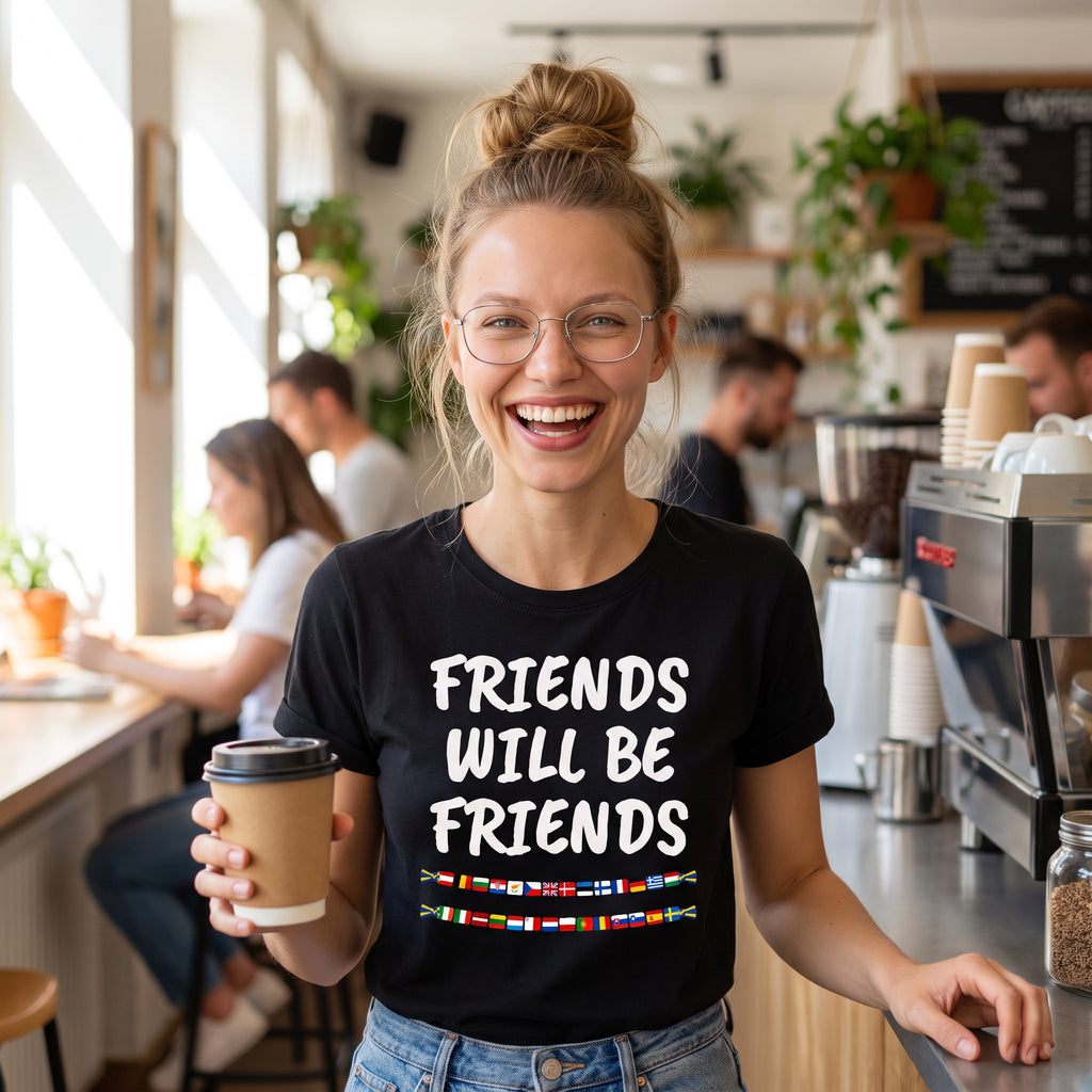Woman laughing in a cafe in a black Friends Will Be Friends t-shirt
