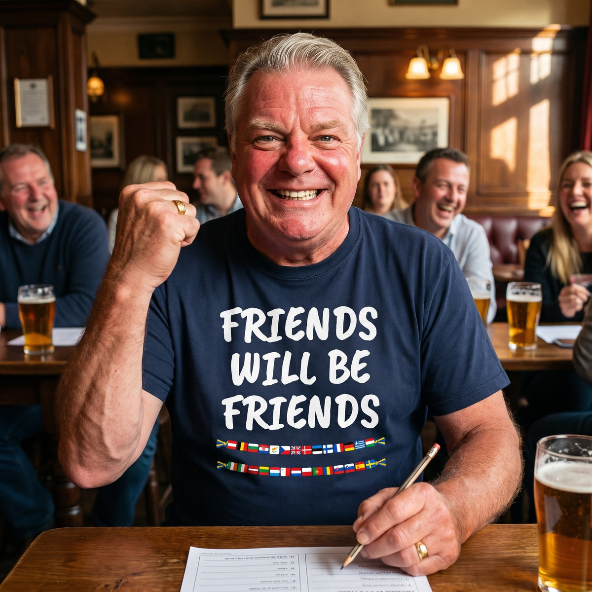 Man celebrating at a pub quiz in a navy Friends Will Be Friends t-shirt
