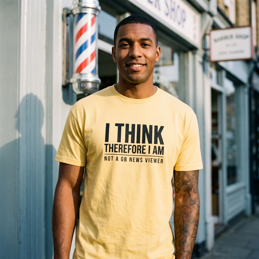 Man in a yellow I Think Therefore I Am Not a GB News Viewer t-shirt outside a barber shop, Very Brexit Problems