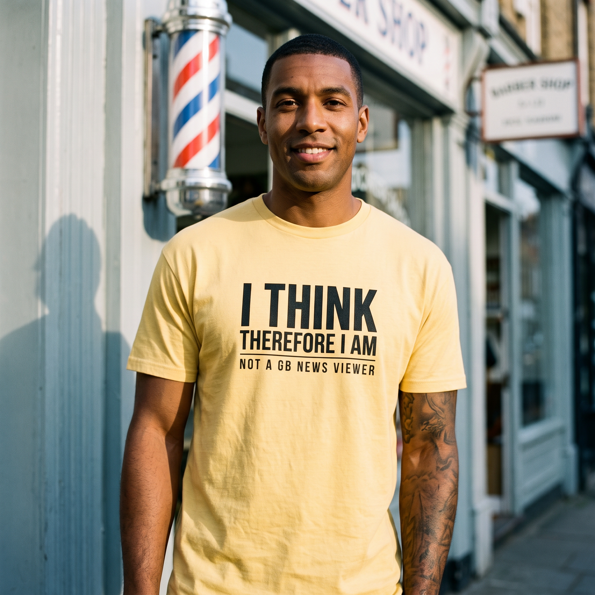 Man in a yellow I Think Therefore I Am Not a GB News Viewer t-shirt outside a barber shop, Very Brexit Problems