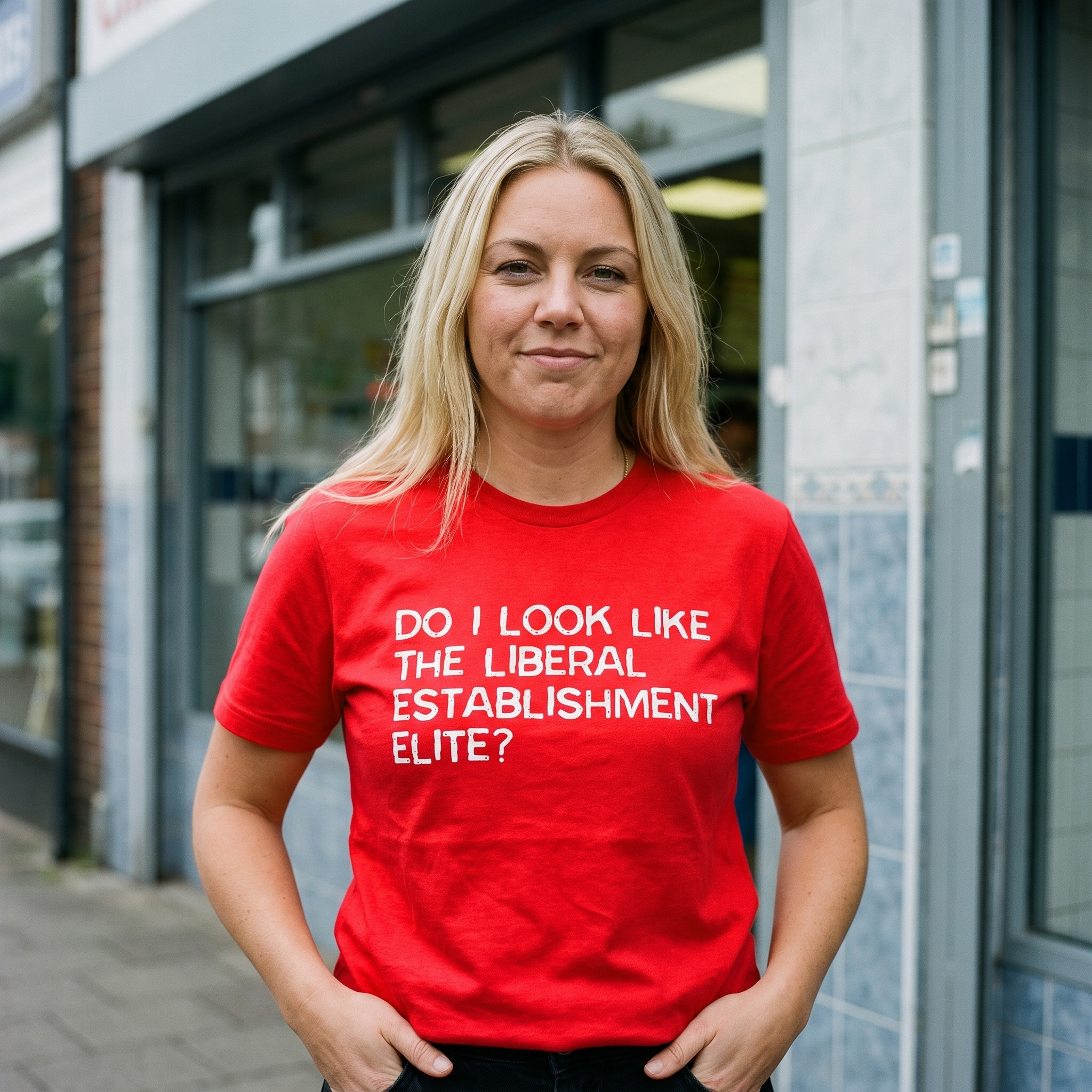 Woman in a red Do I Look Like the Liberal Establishment Elite t-shirt outside a chip shop, Very Brexit Problems