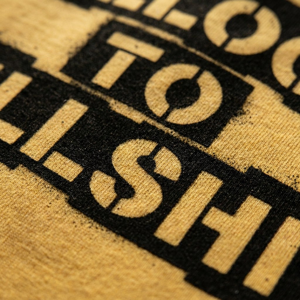 Close up of the black ink Bollocks to Bullshit print on yellow cotton, showing the fabric weave