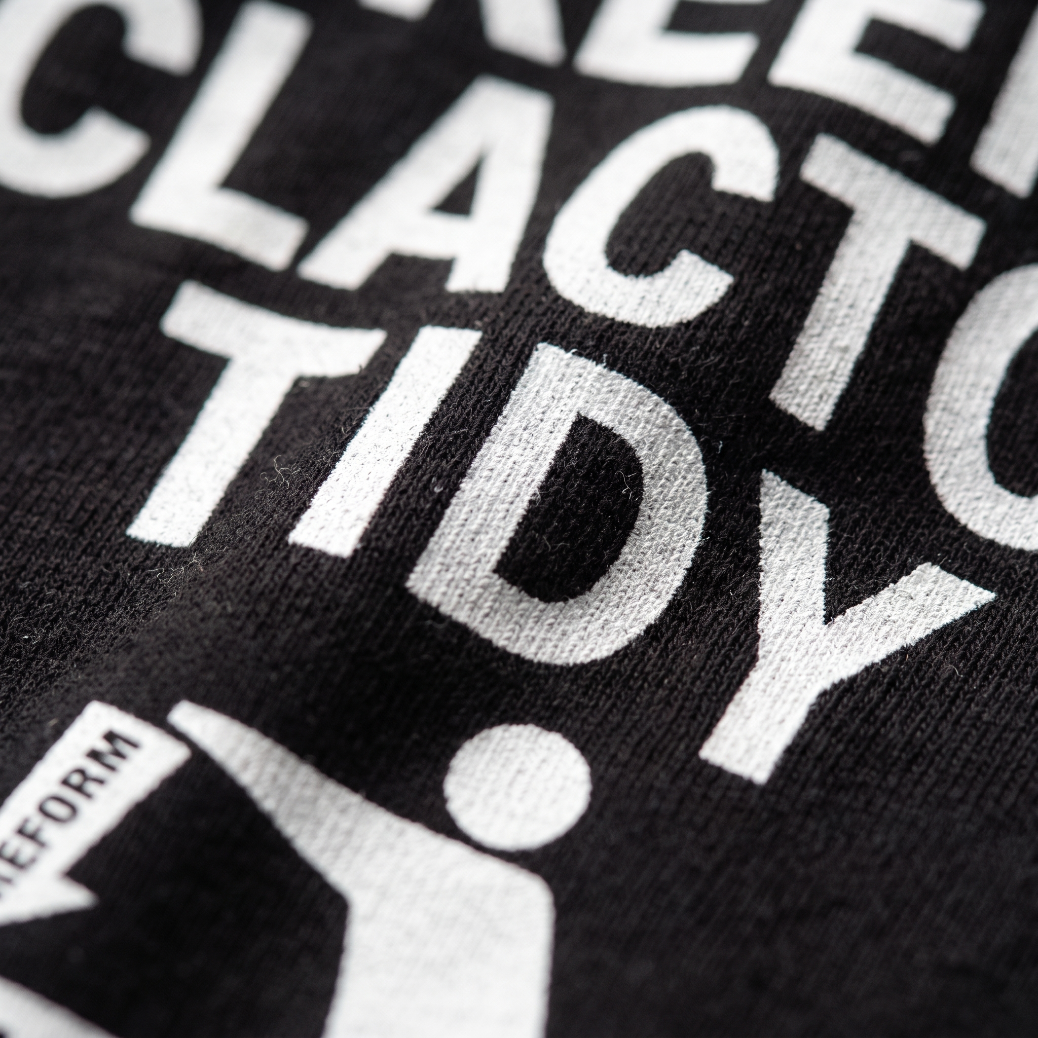 Close up of the white ink Keep Clacton Tidy print on black cotton, showing the fabric weave