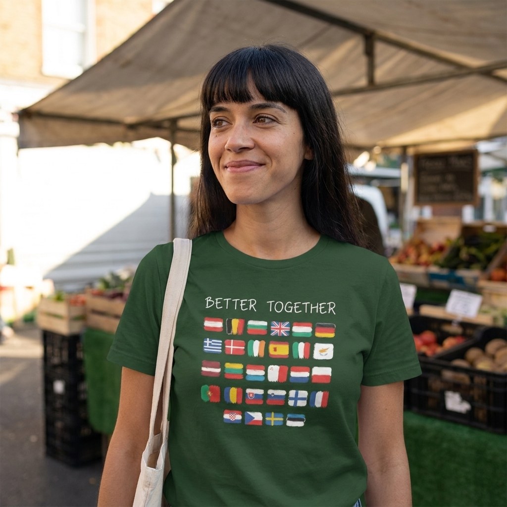 Woman in a forest green Better Together t-shirt at an outdoor food market