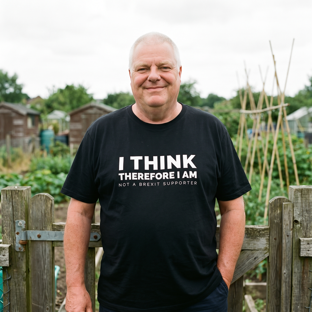 Man in a black I Think Therefore I Am Not a Brexit Supporter t-shirt at an allotment gate, Very Brexit Problems