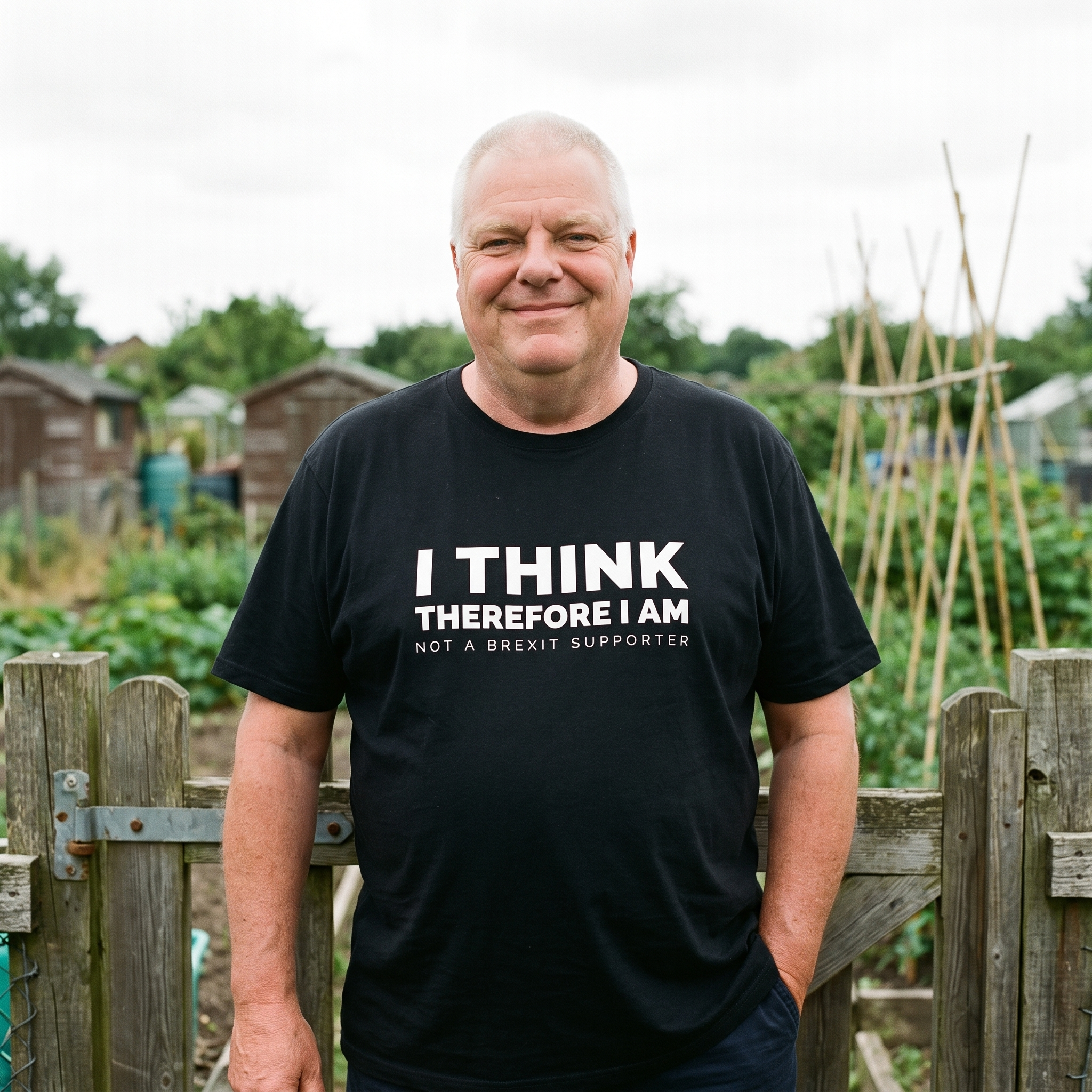 Man in a black I Think Therefore I Am Not a Brexit Supporter t-shirt at an allotment gate, Very Brexit Problems