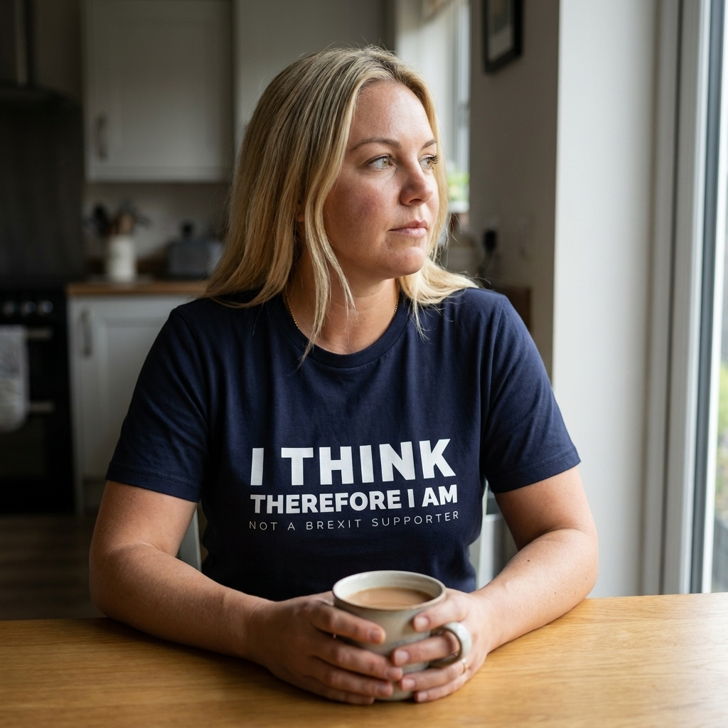 Woman in a navy Not a Brexit Supporter t-shirt at a kitchen table with a mug of tea