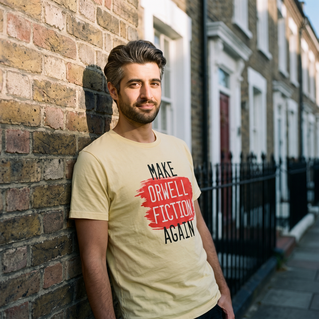Man in a yellow Make Orwell Fiction Again t-shirt on a brick terraced street, Very Brexit Problems
