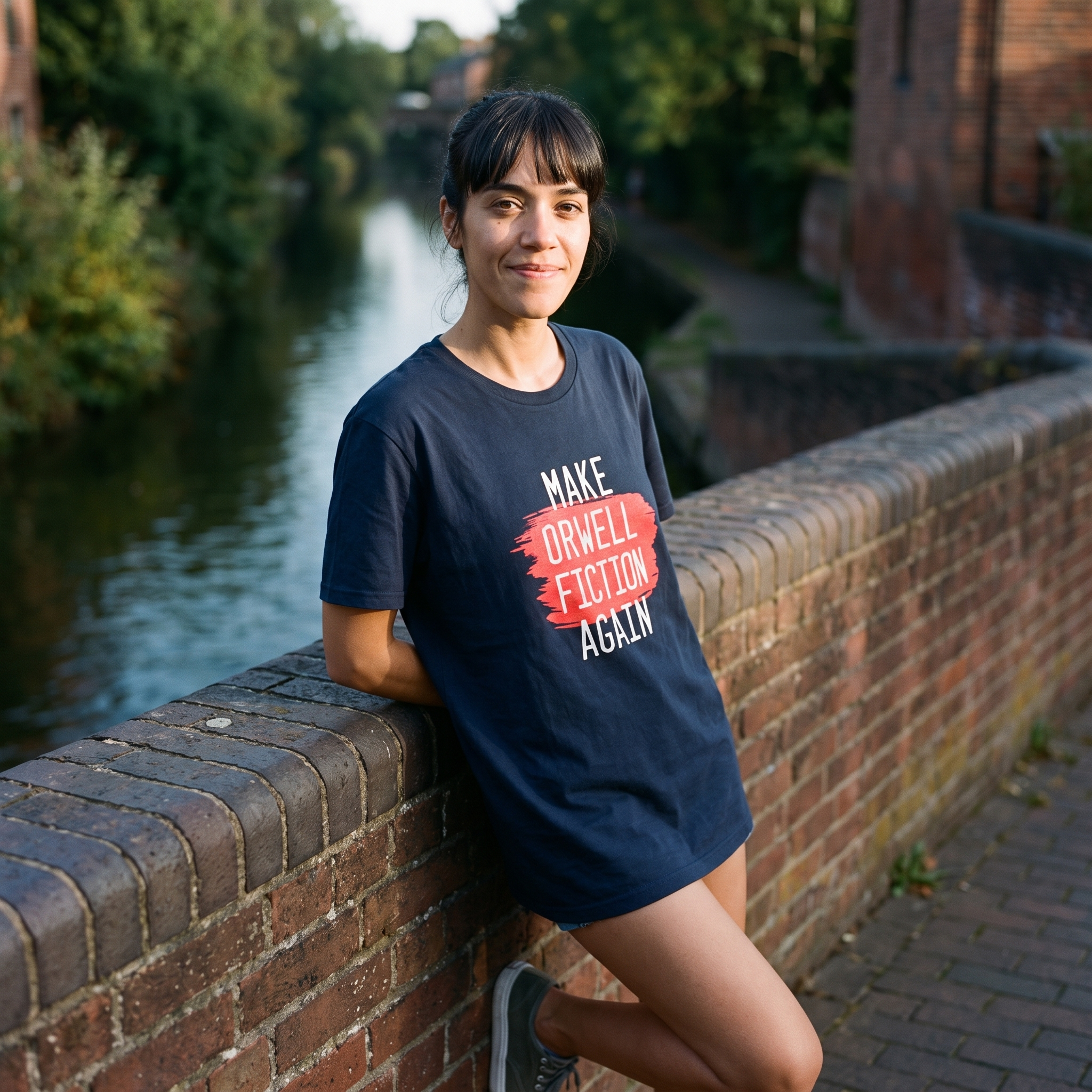 Woman in a navy Make Orwell Fiction Again t-shirt on a canal bridge, Very Brexit Problems