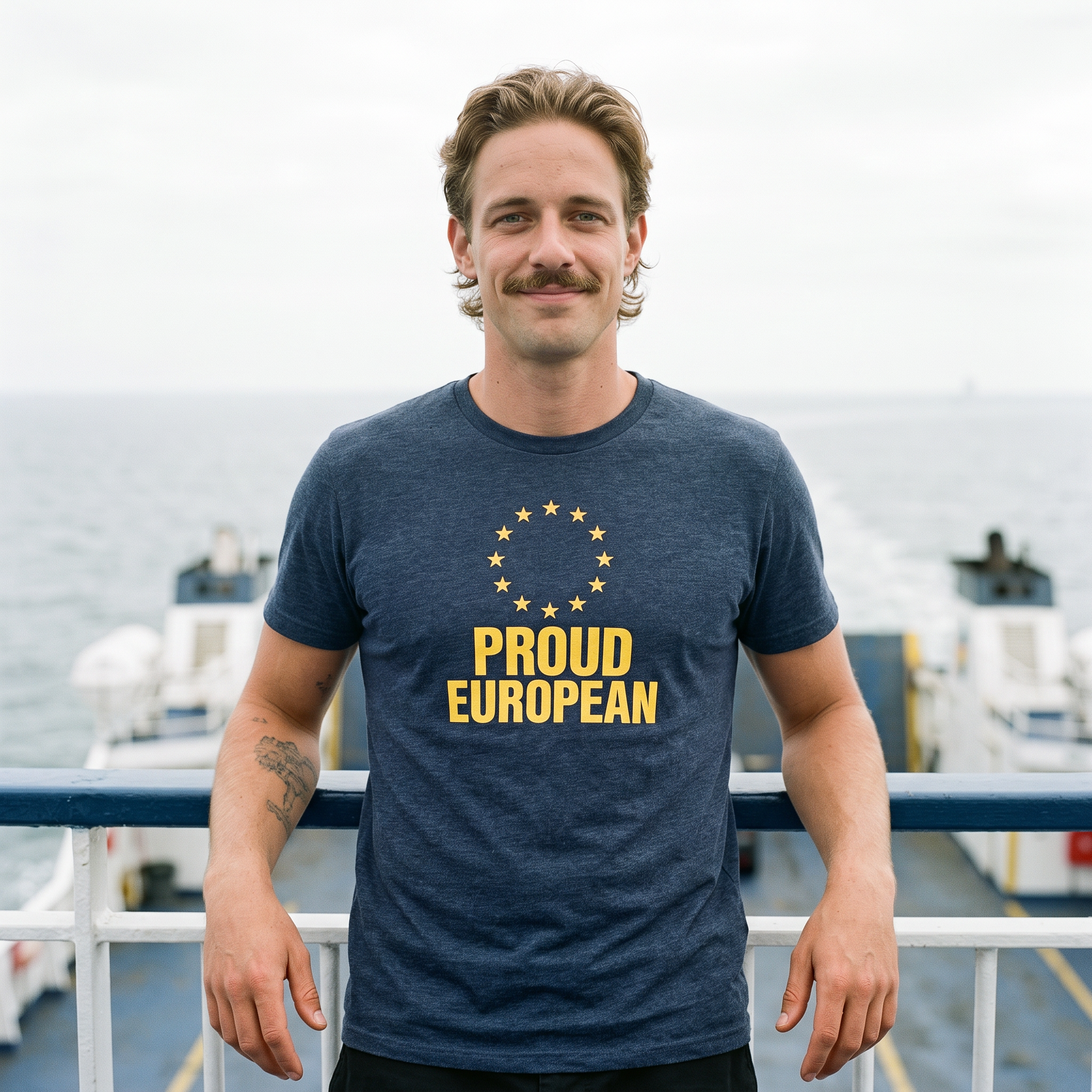 Man in a heather midnight navy Proud European t-shirt on a cross-channel ferry deck, Very Brexit Problems