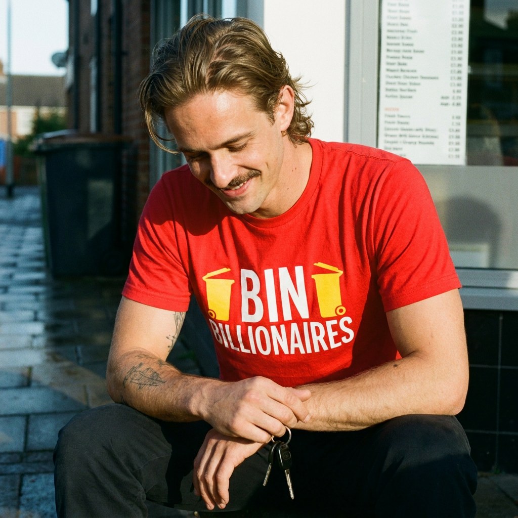 Man in a red Bin Billionaires t-shirt outside a chippy