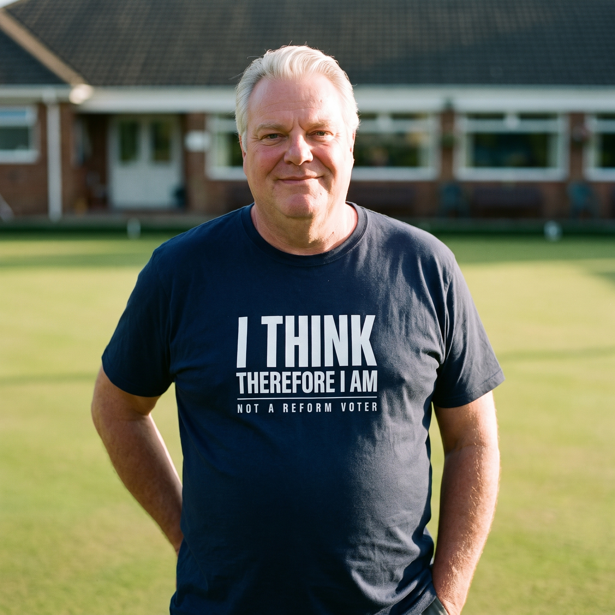 Man in a navy I Think Therefore I Am Not a Reform Voter t-shirt at a bowls club, Very Brexit Problems