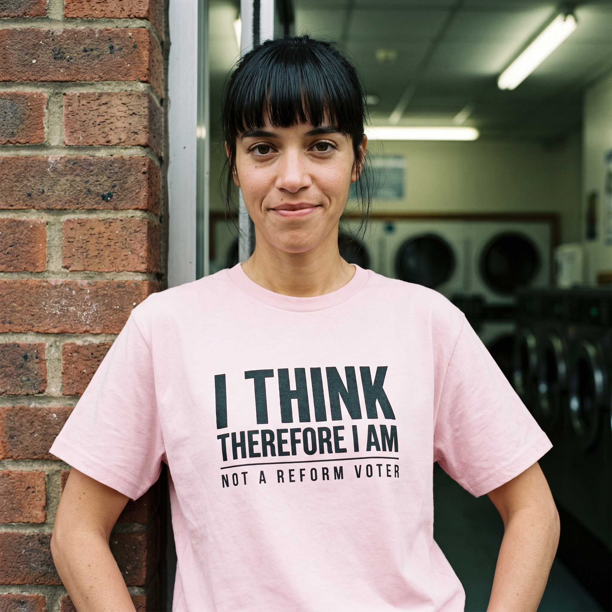 Woman in a pink I Think Therefore I Am Not a Reform Voter t-shirt outside a launderette, Very Brexit Problems