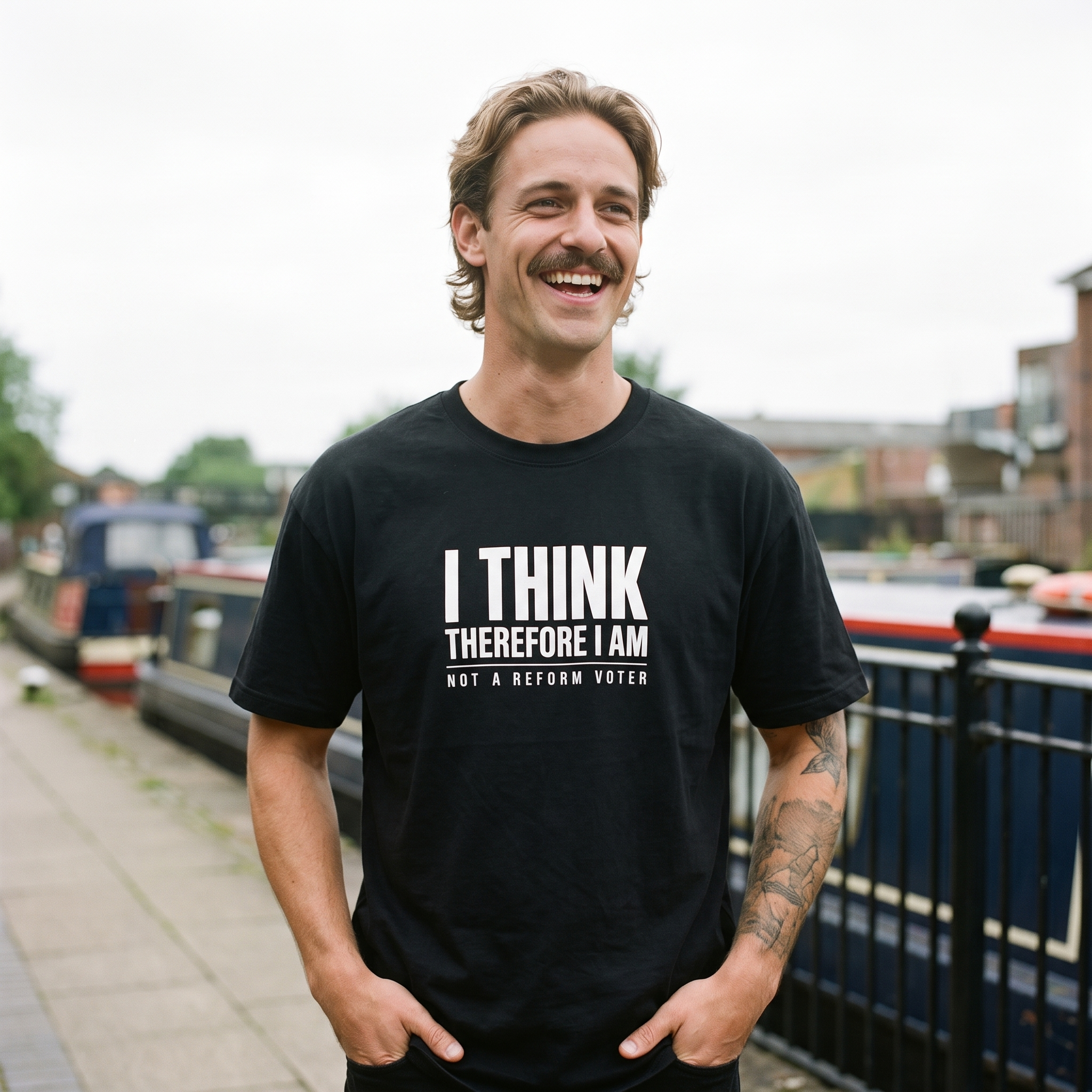 Man in a black I Think Therefore I Am Not a Reform Voter t-shirt on a canal towpath, Very Brexit Problems