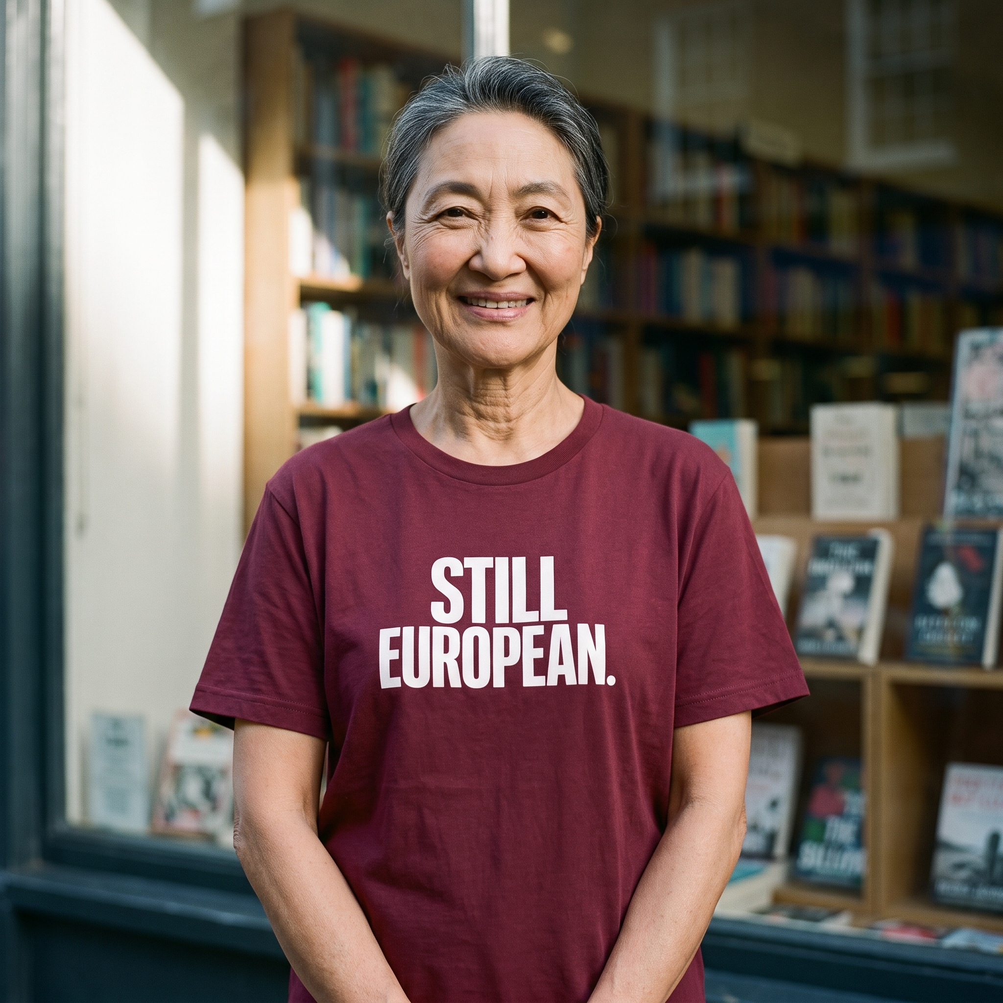 Woman in a maroon Still European t-shirt by a bookshop window, Very Brexit Problems