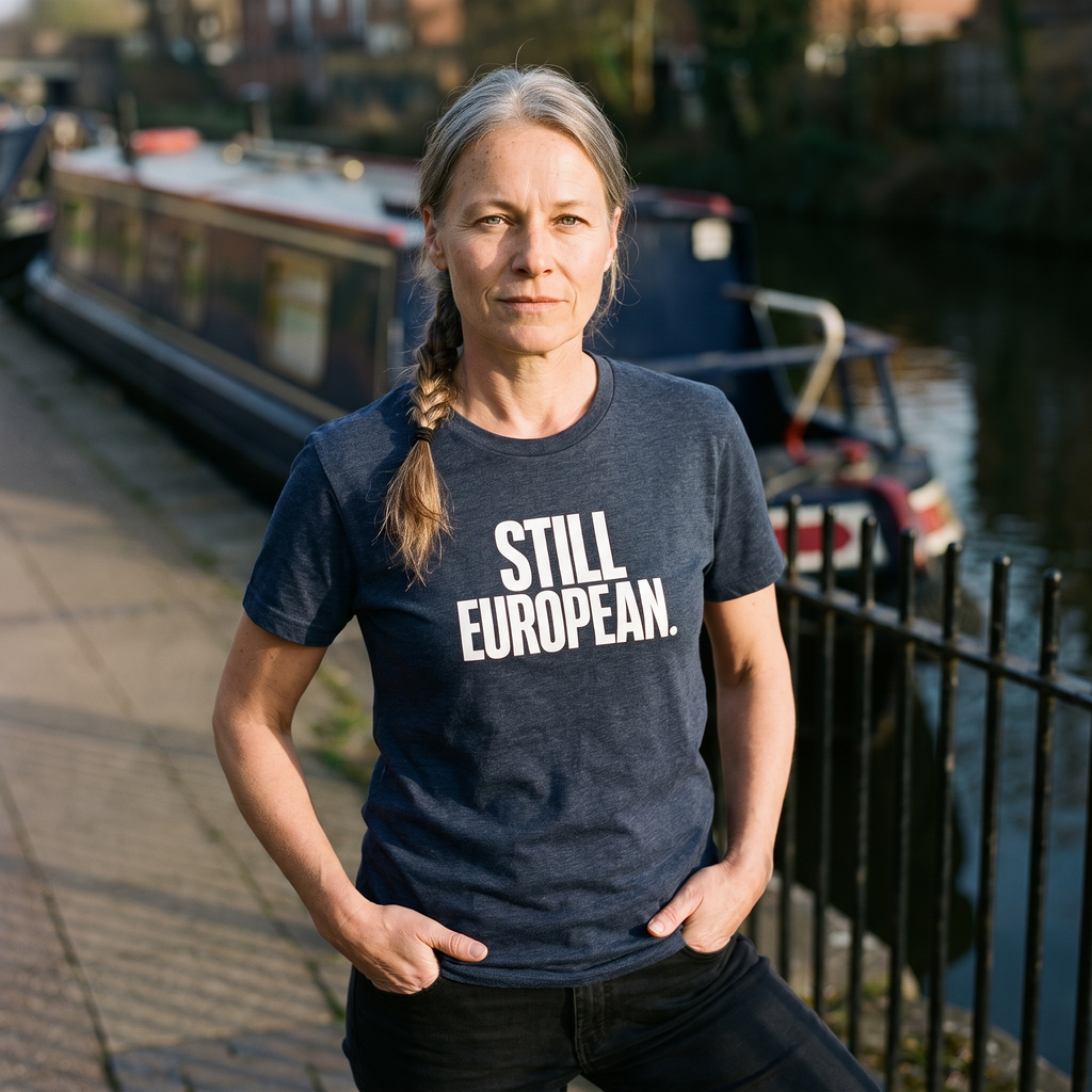 Woman in a heather midnight navy Still European t-shirt on a canal towpath, Very Brexit Problems