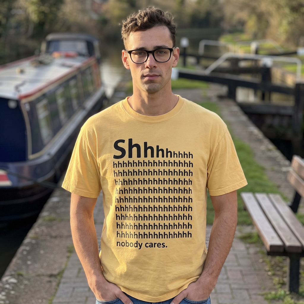 Man in a yellow Shhh Nobody Cares t-shirt on a canal towpath