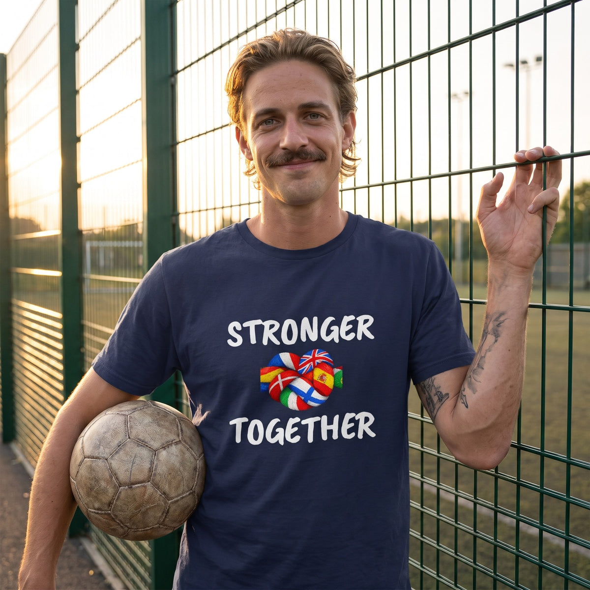 Man with a football at a five-a-side pitch wearing the navy Stronger Together pro-EU t-shirt