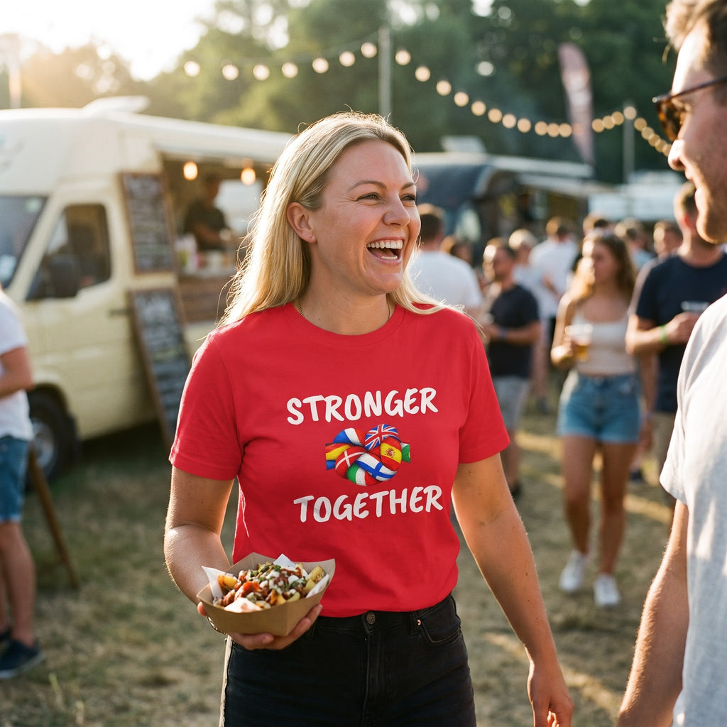 Woman at a food festival wearing the red Stronger Together pro-European t-shirt