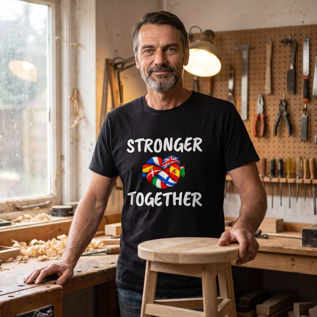 Man in a woodworking workshop wearing the black Stronger Together t-shirt with a knot of European flags
