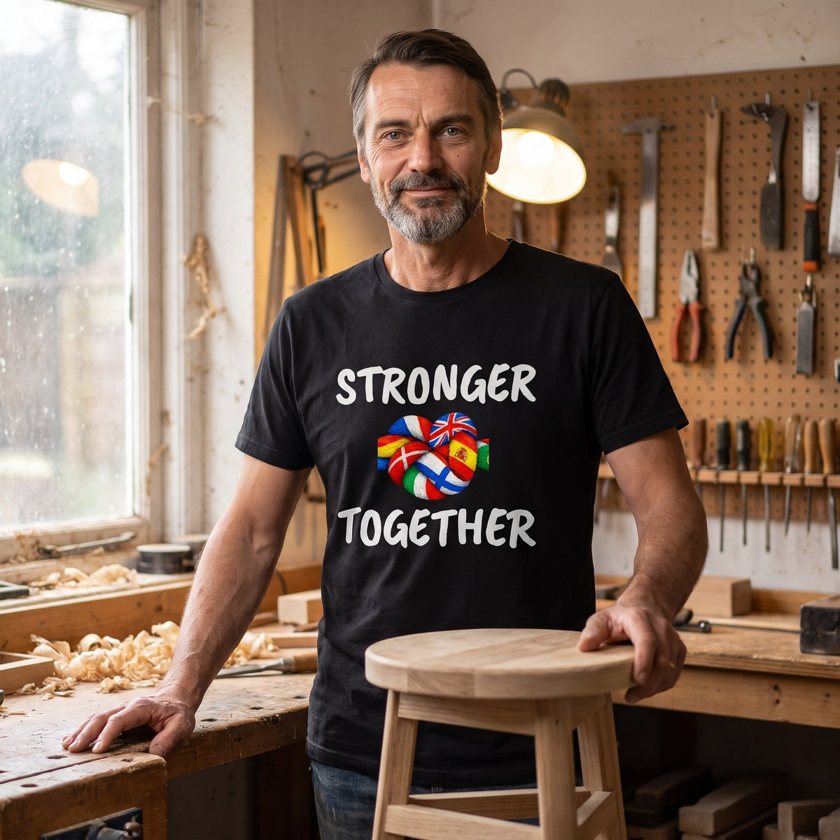 Man in a woodworking workshop wearing the black Stronger Together t-shirt with a knot of European flags